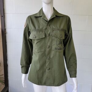 VTG 80s US Navy Utility Shirt Green Men's 13.5x30 Military Core OG 507 Seabees